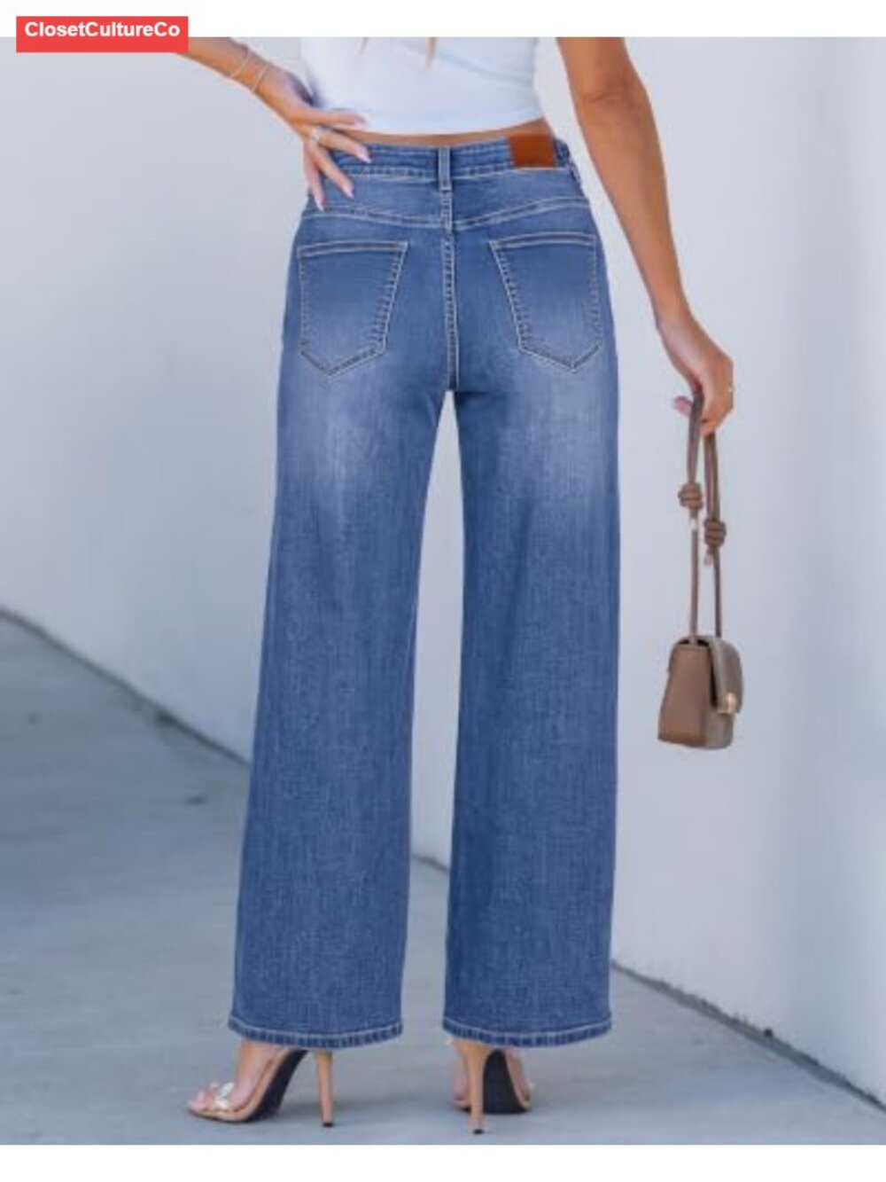 High Waisted Wide Leg Stretchy Baggy Denim Jeans - Picture 2 of 6